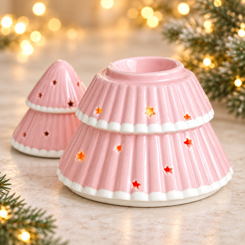 Pink Christmas tree wax melter opened to show dish