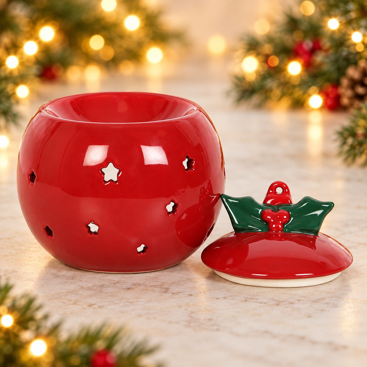 Red Christmas bauble wax melter with lid removed