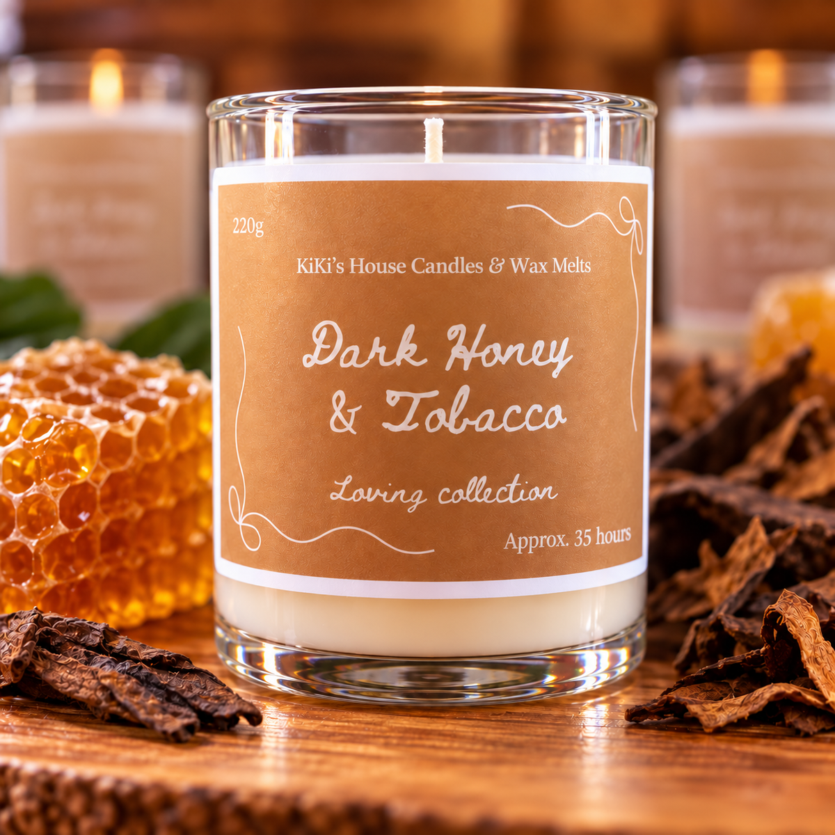 Dark Honey & Tobacco Soy Candle, 220g, approximate burn time 35 hours