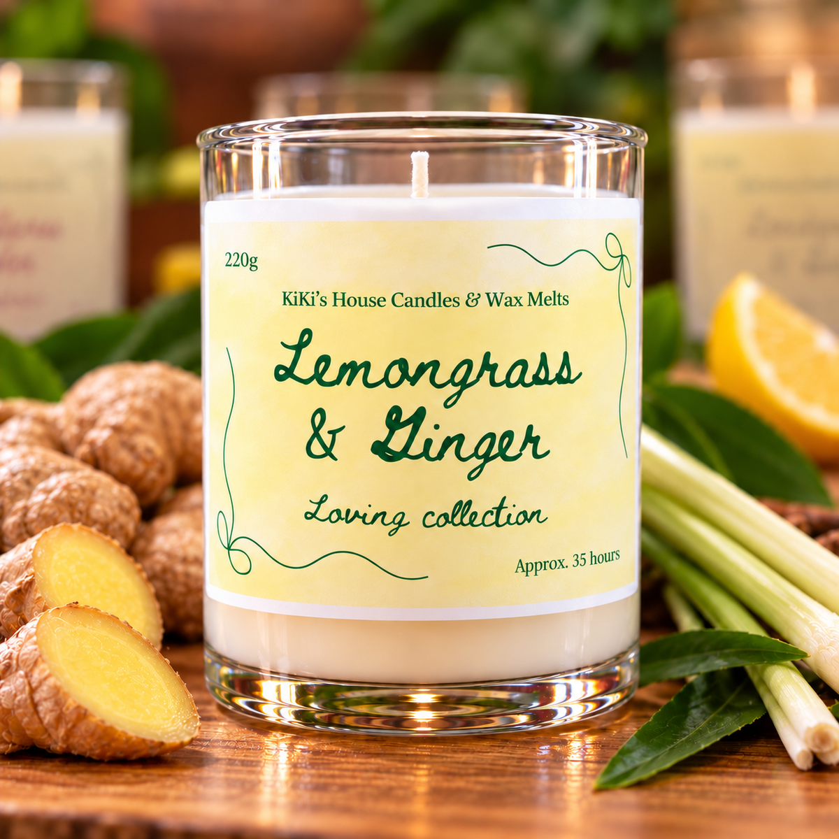 Lemongrass & Ginger Soy Candle, 220g, approximate burn time 35 hours