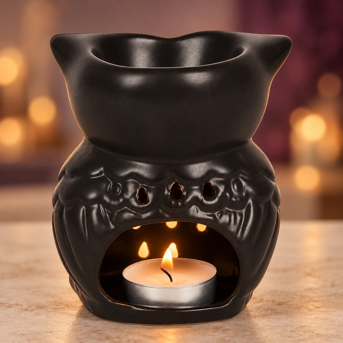 Black ceramic owl wax warmer, rear view