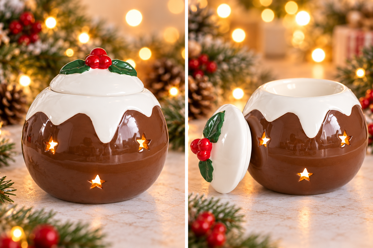 Christmas pudding wax melter with removable lid, festive product image