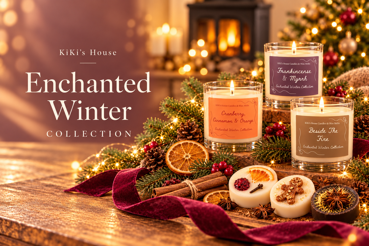 KiKi’s House Enchanted Winter candles and Christmas wax melts in a warm festive setting