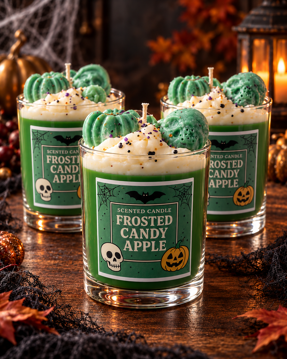 Frosted Candy Apple Halloween soy candles in clear glass with coloured wax and a deep white whipped topper