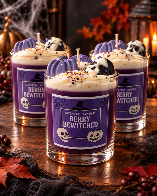 Berry Bewitched Halloween soy candles in clear glass with coloured wax and a deep white whipped topper