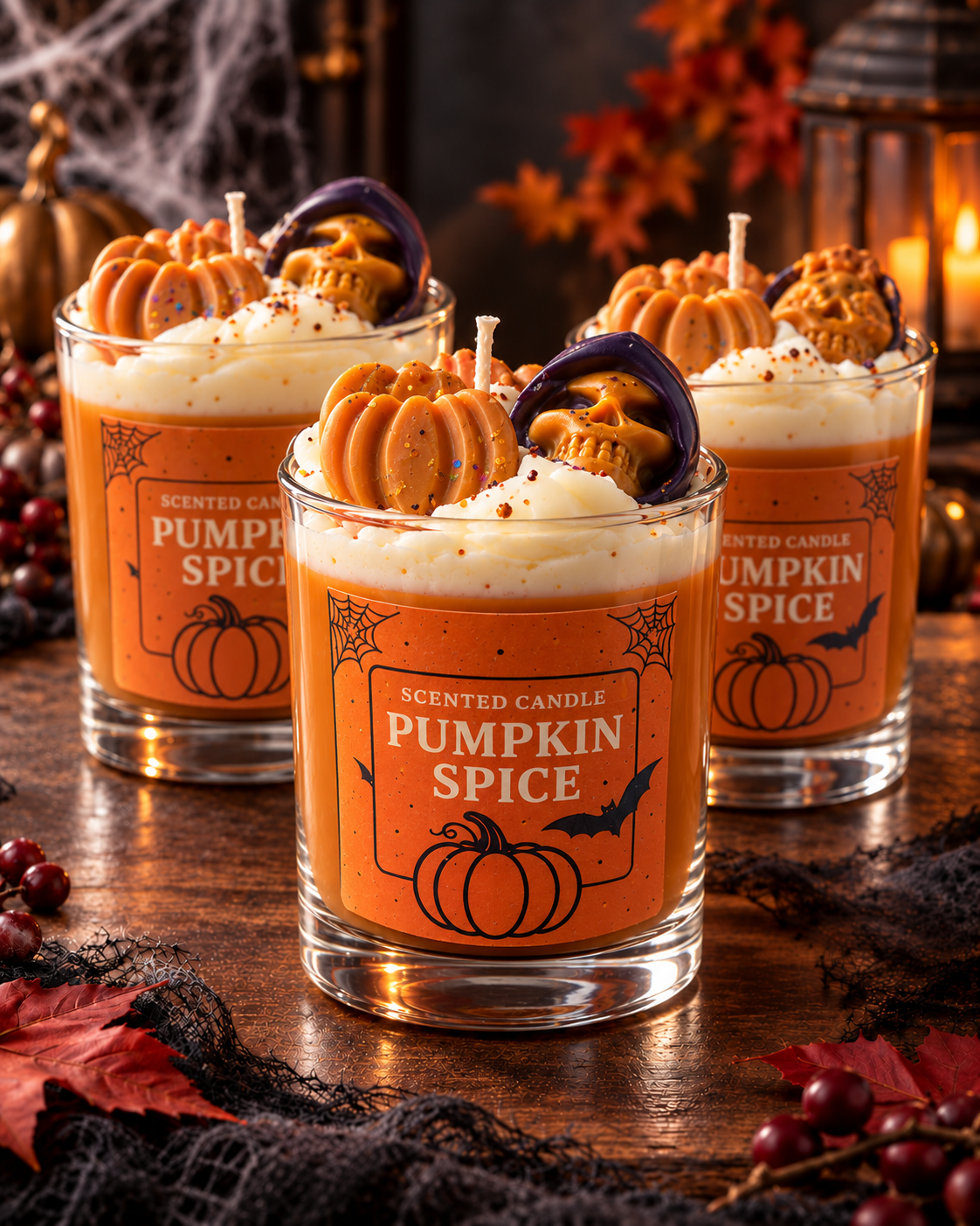 Pumpkin Spice Halloween soy candles in clear glass with coloured wax and a deep white whipped topper