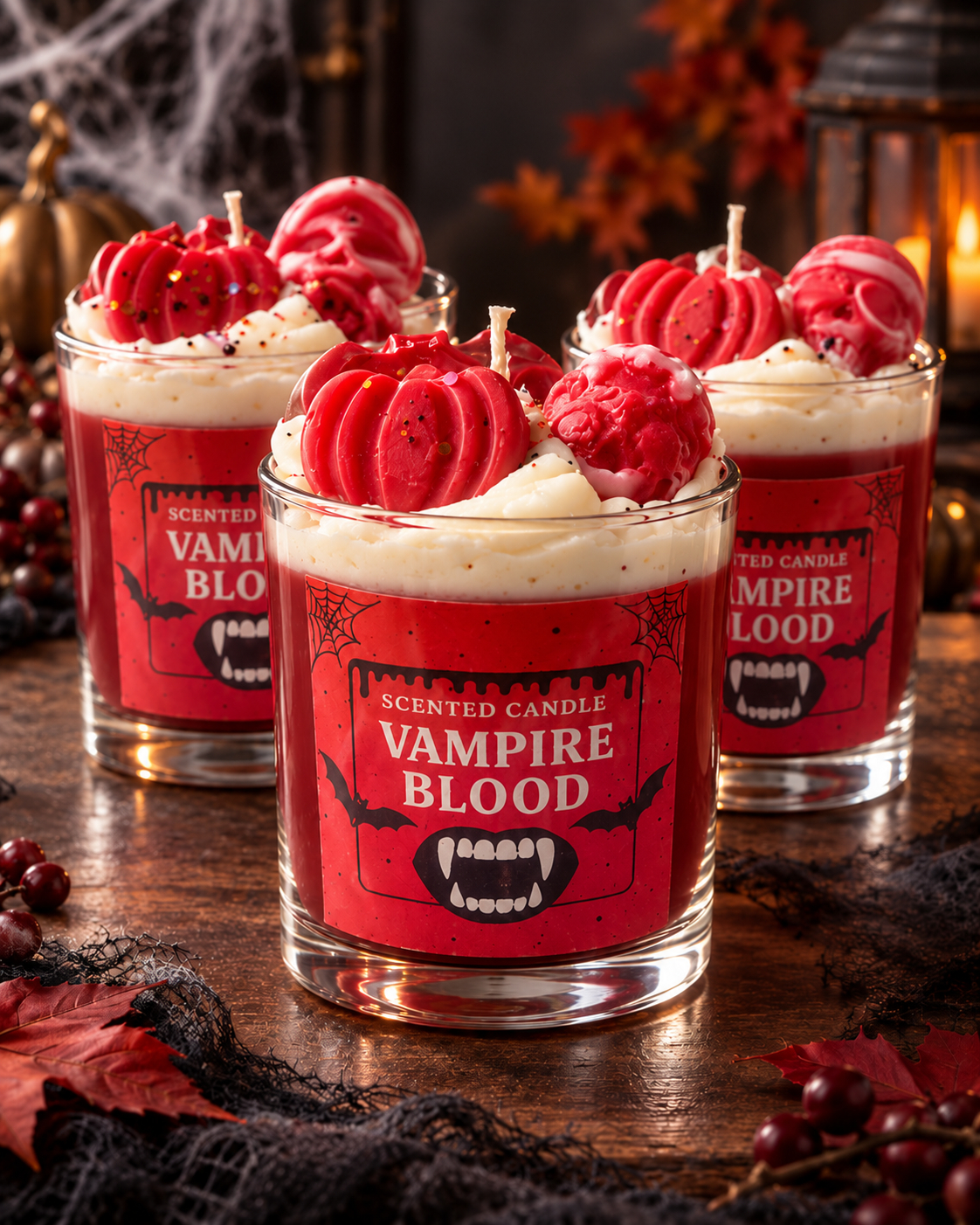 Vampire Blood Halloween soy candles in clear glass with coloured wax and a deep white whipped topper